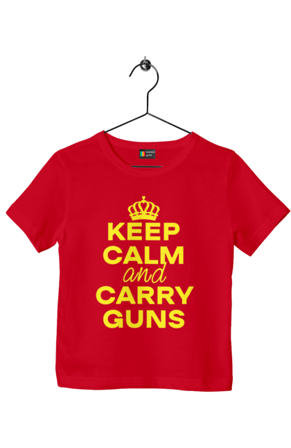 Футболка дитяча з принтом "Зберігайте Спокій та Носіть Зброю". Брутальні, зберігайте спокій, меми, носіть зброю, популярні, прикольні, тексти, тренди. 2070702