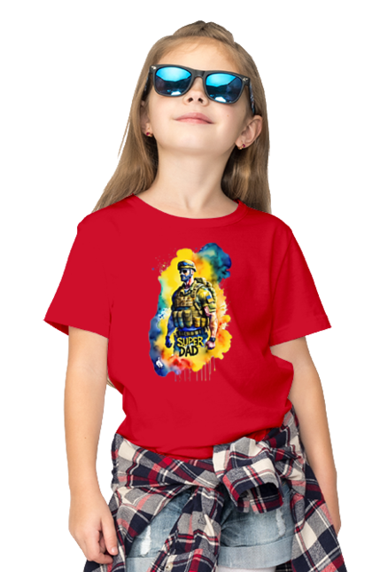 Футболка дитяча з принтом "Супер тато ЗСУ". День батька, день тата, зсу, люблю тата, супер, супер тато, супер тато зсу, тато, тато зсу, україна. 2070702