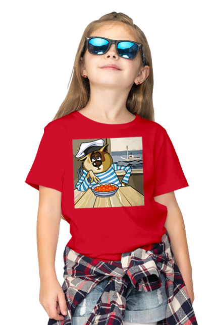 Children's t-shirt with prints Cat Sailor, On The Ship Eats Red Caviar. Cat, caviar, sailor, ship. 2070702