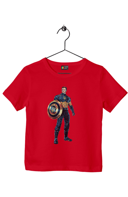 Футболка детская с принтом Капитан Украина Зеленский арт. Владимир зеленский, зеленый, капитан америка, капитан украина, украина. 2070702