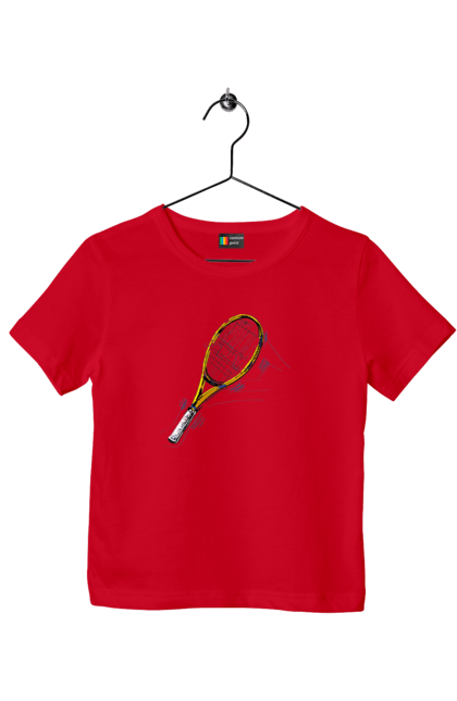 Children's t-shirt with prints Tennis racket. Ball, ground tournament, players, prize fund, racket, soil, sponsor, tennis, tournament grid. 2070702