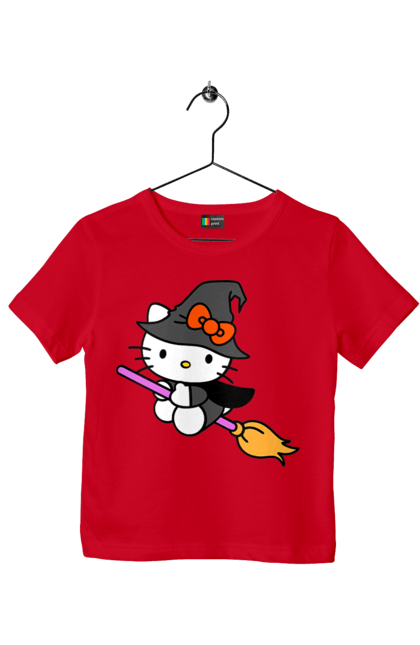 Футболка детская с принтом Хелло Китти Хэллоуин. Halloween, hello kitty, witch, бренд, ведьма, кот, котенок, персонаж, хелло китти, хэллоуин. 2070702