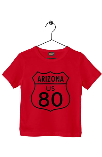 Children's t-shirt with prints Route 80. Bike, biker, biker club, bikers club, brother, brutal, dude, hot asphalt, hot horse, hot rod, motorcycle, motorcyclist, real man, road 50, road 66, road 80, roads of america, roads of ukraine, roads we choose, speed, take, thirst for speed. 2070702