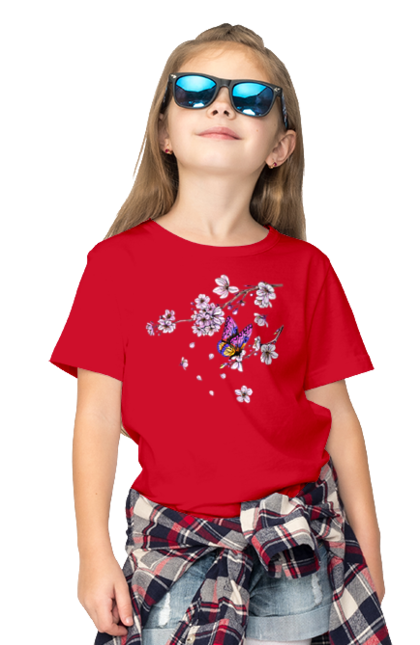 Children's t-shirt with prints Butterfly And Sakura. Butterfly, sakura, spring, wood. 2070702