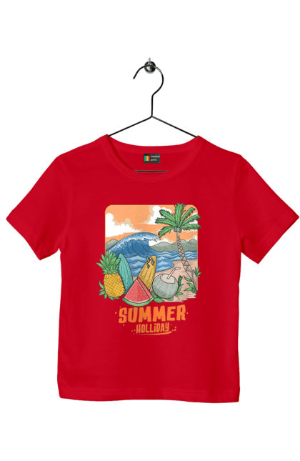 Children's t-shirt with prints Summer Holidays. Palm, sea, summer, waves. 2070702