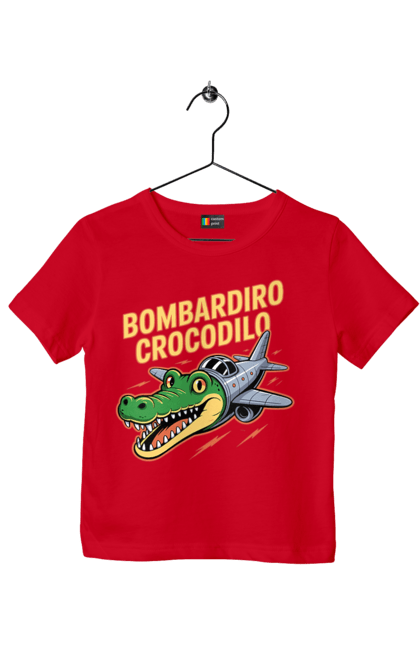Футболка дитяча з принтом "Bombardino Crocodilo". Bombardino, bombardino crocodilo, crocodilo, бомбардиро крокодило, бомбардіно крокоділо, крокодил, крокодил літак, крокодил мем, мем бомбардине крокодило, меми. 2070702