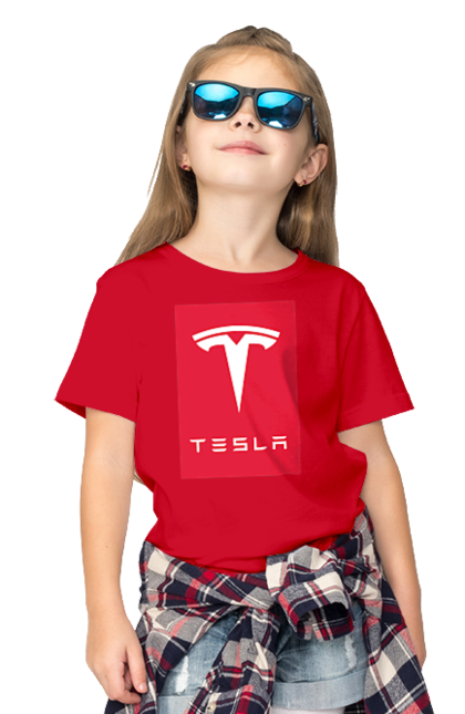 Футболка дитяча з принтом "Tesla". Авто, бренд, ілон маск, логотип, тесла. PrintMarket - інтернет-магазин одягу та аксесуарів з принтами плюс конструктор принтів - створи свій унікальний дизайн