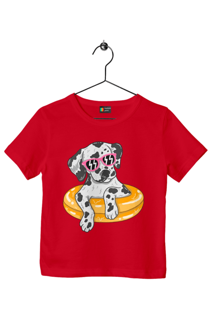 Children's t-shirt with prints Dalmatian Swims In A Circle. Dalmatian, dog, glasses, to swim. 2070702