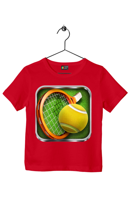 Children's t-shirt with prints Tennis. Ball, ground tournament, london, players, prize fund, racket, sponsor, tennis, tournament grid. 2070702