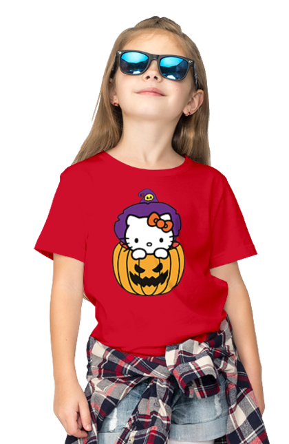 Футболка детская с принтом Хелло Китти Хэллоуин. Halloween, hello kitty, witch, бренд, ведьма, кот, котенок, персонаж, хелло китти, хэллоуин. 2070702