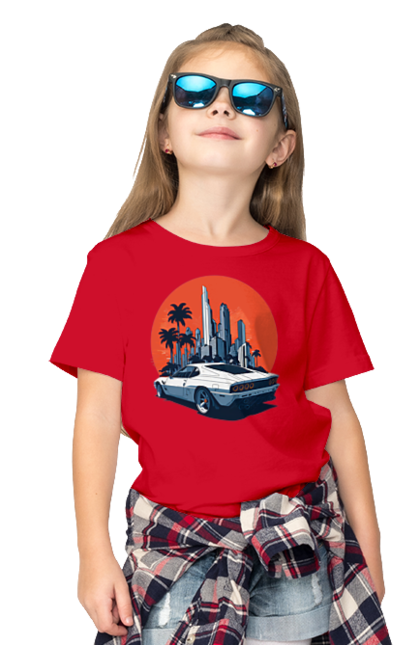 Children's t-shirt with prints Car. Race, speed, sport car, sunset. 2070702