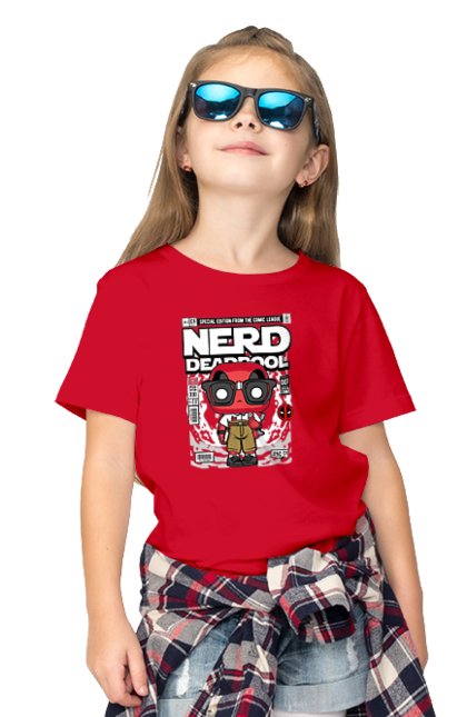 Футболка дитяча з принтом "Deadpool Nerd". Басейн, герой, дедпул, дивуватися, комікси, мем, мертвий, плівка. Funkotee