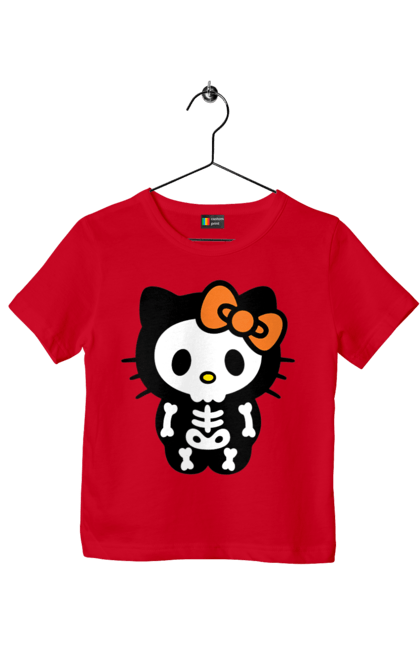 Футболка дитяча з принтом "Хелло Кітті Хелловін". Halloween, hello kitty, zombie, бренд, зомбі, кошеня, персонаж, скелет, хелло кітті, хелловін. 2070702