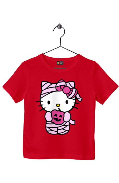 Футболка детская с принтом Хелло Китти Хэллоуин. Halloween, hello kitty, mummy, бренд, кот, котенок, мумия, персонаж, хелло китти, хэллоуин. 2070702