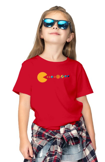 Футболка дитяча з принтом "Pac Man Planets". Atari, namco, pac man, аркадна відеогра, відеогра, комп`ютерна гра, космос, лабіринт, планети, сонячна система. 2070702