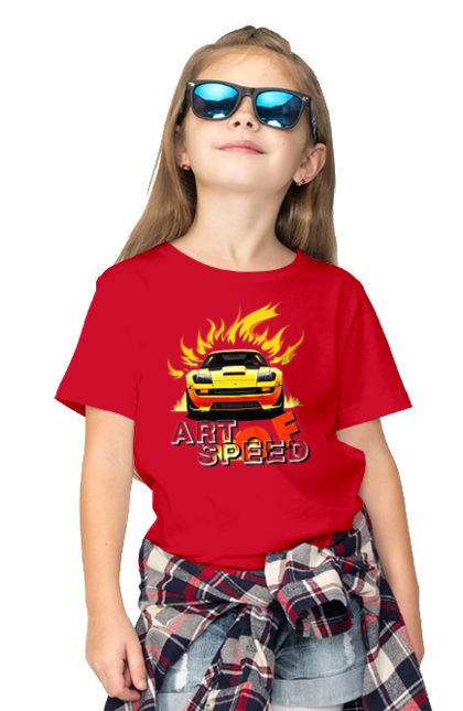 Футболка дитяча з принтом "Машина у вогні". Автомобіль, вогонь, спортивна машина, спортивний автомобіль, швидкість. 2070702
