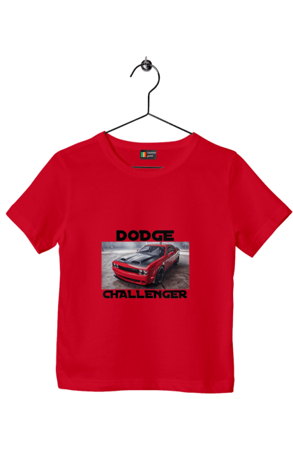 Children's t-shirt with prints Dodge challenger. An american legend, auto, car, classic car, cult car, dodge challenger, oil car, powerful car. 2070702