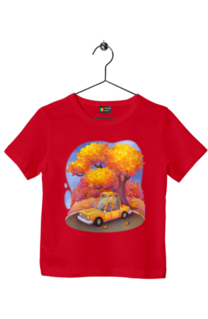 Футболка детская с принтом Осень Машина Дерево. Дерево, желтый милая иллюстрация, машина, оранжевый, осень. 2070702