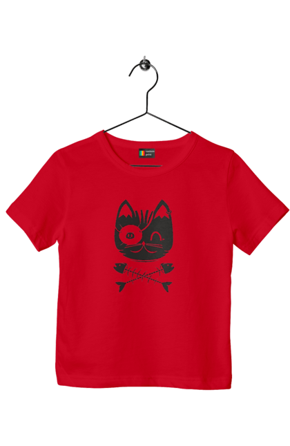 Футболка дитяча з принтом "Кіт пірат". Кістки, кіт, крутий малюнок, милі рисунки, пірати, риба, тварини, череп. 2070702