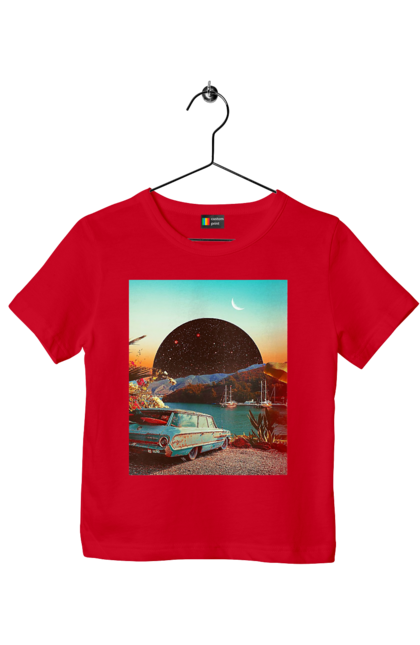 Футболка дитяча з принтом "Картина, машина біля річки". Картина, машина, планета, прикол, ретро, річка. 2070702