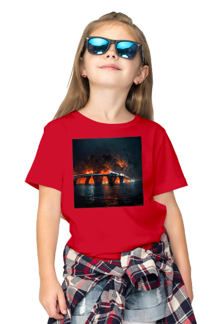 Футболка дитяча з принтом "Кримський мост горить". Армія росії, армія україни, годить, зсу, крим, мост, удар, удар зсу. 2070702