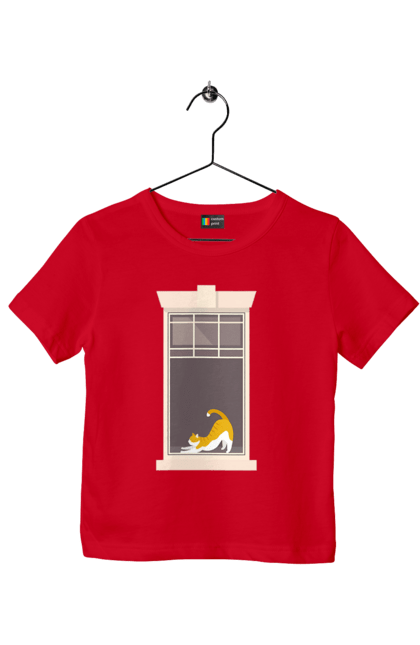 Футболка дитяча з принтом "Кіт В Вікні". Вікно, кіт, потягушки, рудий. 2070702