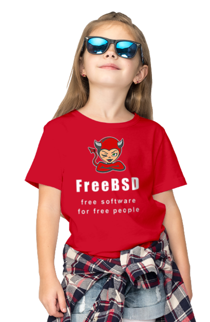 Футболка дитяча з принтом "Freebsd Для Вільних". Bsd, freebsd, unix, адміністратор, айті, айтішник, безкоштовна, безкоштовно, бестія, білий, вільна, демон, демонесса, доступність, незалежність, операційна система, ос, програміст, програмне забезпечення, свобода, сисадмін, система, системний адміністратор, софт, текст, червоний. 2070702