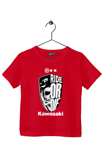 Футболка детская с принтом Kawasaki. Kawasaki, ride or die, бренд, мотоцикл, спорт, череп. 2070702