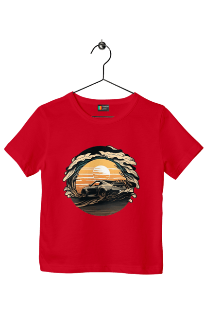 Футболка дитяча з принтом "Додж на заході сонця". Авто, автомобіль, додж, машина, машини. 2070702