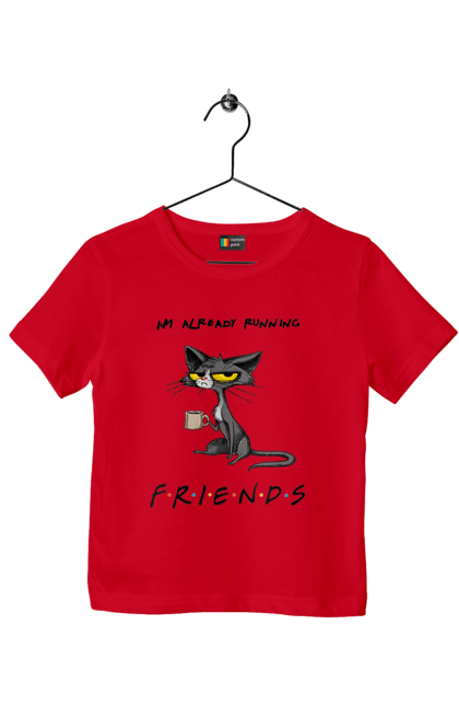 Children's t-shirt with prints Friends, I`m running. Cat series, fall off, friend to himself, friends, go fuck yourself, i`m already running, loneliness bitch, parody series. 2070702