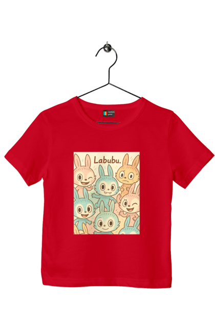 Футболка дитяча з принтом "Лабубу". Безтурботно, грайливо, дизайнперсонажу, каваї, лабубу, милі мистецтво, ніжні відтінки, пастельніквіти, стиль мультфільму, чарівно. 2070702
