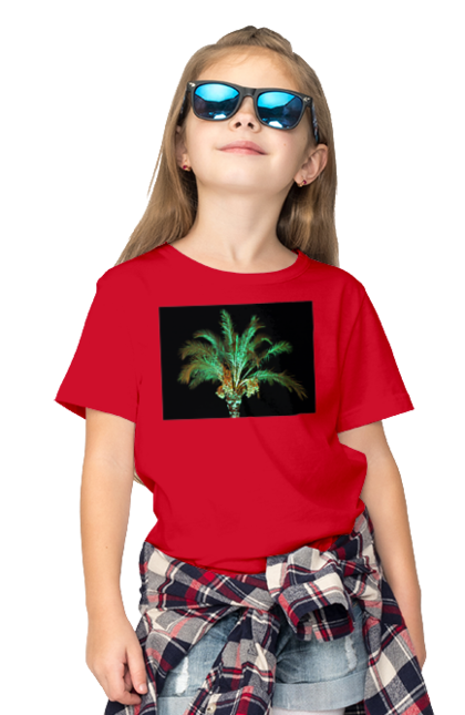 Футболка дитяча з принтом "Фінікова Пальма Вночі". Берег, відпочинок, відпустка, зелений, море, ніч, оазис, океан, острів, пальма, південь, подорож, пригоди, тропіки, фінікова, чорне. 2070702