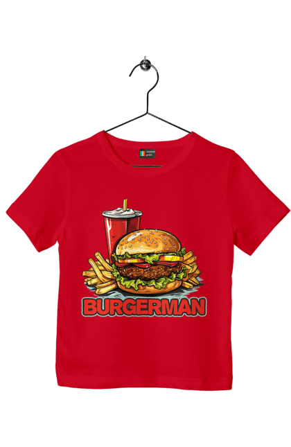 Футболка дитяча з принтом "Burgerman". Бургер, для чоловіків, їжа, літні, макдональдс, прикольні, трендові, фаст фуд, чоловічі. 2070702