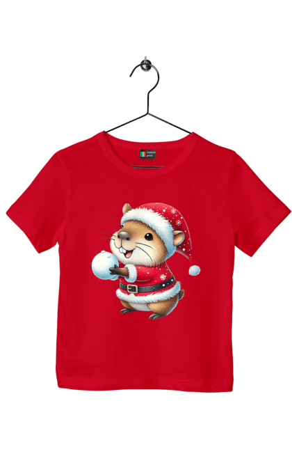 Children's t-shirt with prints Capybara playing snowballs. Animal, capybara, christmas, christmas capybara, game, gift, holiday, new year, santa, snowballs. 2070702