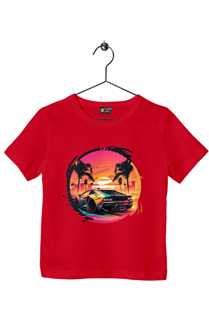 Футболка дитяча з принтом "Ламборджині Ретровейв". Авто, автомобиль, ламба, ламборджині, машина, машини, ретровейв. 2070702