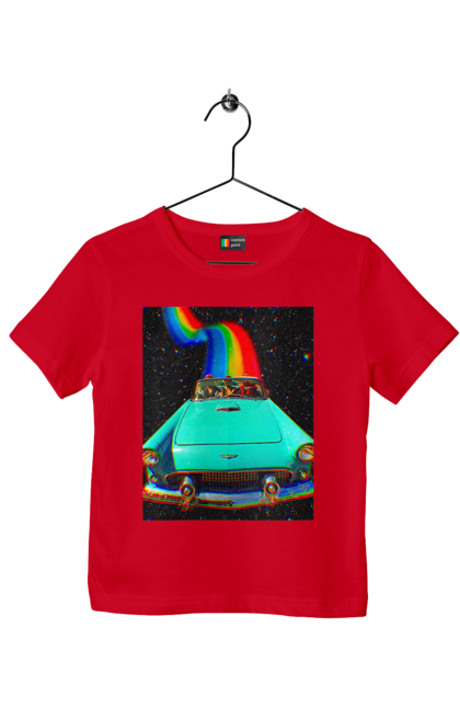 Футболка дитяча з принтом "Картина, машина у космосі". Веселка, картина, космос, машина, подорожі, поїздка, прикол, ретро. 2070702