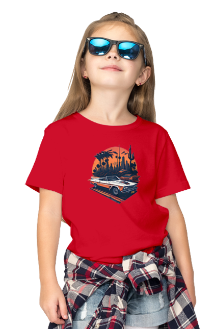 Children's t-shirt with prints Beautiful car at sunset. Auto, sun, sunset. 2070702