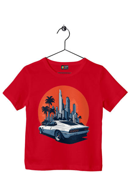 Children's t-shirt with prints Car. Race, speed, sport car, sunset. 2070702