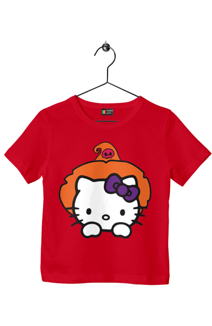 Футболка детская с принтом Хелло Китти Хэллоуин. Halloween, hello kitty, witch, бренд, ведьма, кот, котенок, персонаж, хелло китти, хэллоуин. 2070702