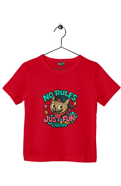 Футболка дитяча з принтом "Лабубу". Norulesjustfun, y2k, бандана, вуличний стиль, грайливий, графіті, зухвалий, лабубу, ретромультяшка, яскраво. 2070702