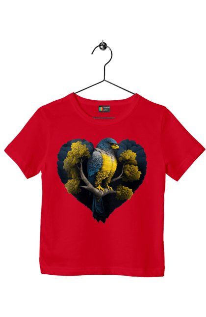 Футболка дитяча з принтом "Синьо жовтий сокіл". Дерево, прапор україни, серце, символ україни, сокіл, україна. 2070702