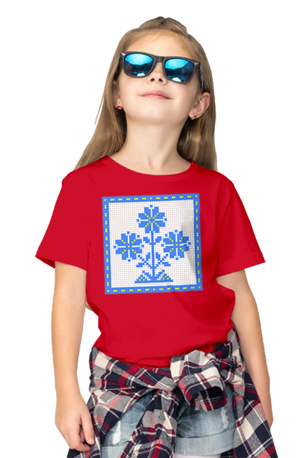 Футболка дитяча з принтом "Жовто блакитна вишивка квіти". Вишивка, вишивка хрестиком, квіти, символ україни, традиції україни, україна. 2070702