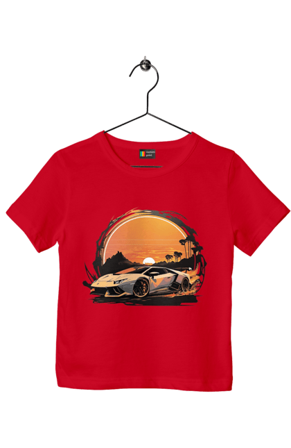 Футболка дитяча з принтом "Ламборджині на заході сонця". Авто, автомобіль, ламборджині, машина, машини. 2070702