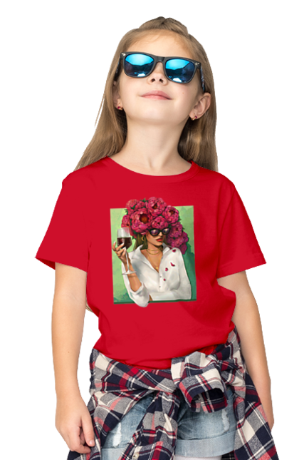 Children's t-shirt with prints Girl with peonies and a glass. Flower, girl, glasses, goblet, peonies, shirt, summer, wine. 2070702
