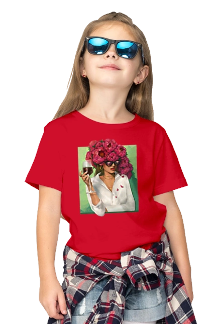 Girl with peonies and a glass