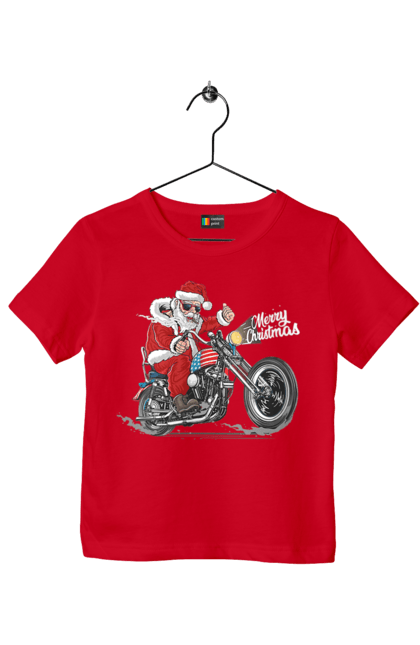 Футболка дитяча з принтом "Санта в окулярах на мотоциклі". Байкер, дід мороз, зима, мотоцикл, новий рік, різдво, санта, санта клаус, сніг, щасливого різдва. 2070702