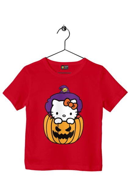 Футболка детская с принтом Хелло Китти Хэллоуин. Halloween, hello kitty, witch, бренд, ведьма, кот, котенок, персонаж, хелло китти, хэллоуин. 2070702