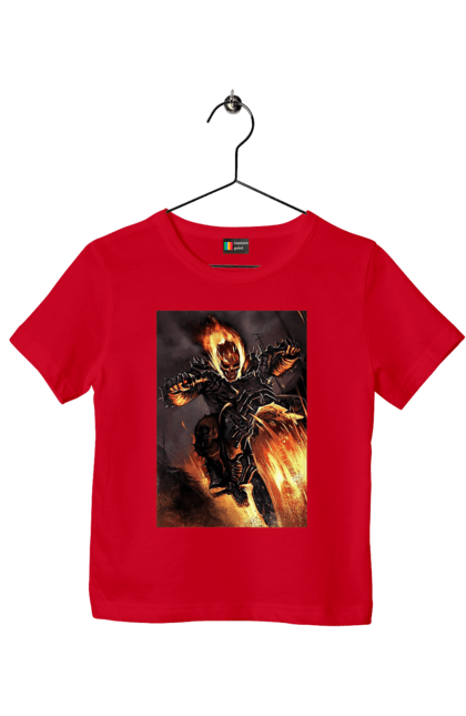 Футболка дитяча з принтом "Пекельний Гонщик". Вогонь, мотоцикл, пекельний гонщик, скелет, чоппер. 2070702
