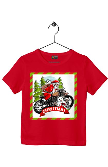 Футболка дитяча з принтом "Санта на мотоциклі". Мотоцикл, новий рік, подарунки, різдво, санта, сніговик, ялинка. 2070702