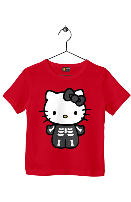 Футболка детская с принтом Хелло Китти Хэллоуин. Halloween, hello kitty, zombie, бренд, зомби, котенок, персонаж, скелет, хелло китти, хэллоуин. 2070702